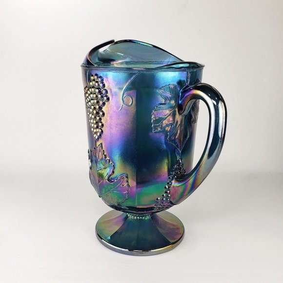 VTG Iridescent Electric Blue Purple Carnival Glass Pitcher Grape & Leaf Pattern - Picture 4 of 9